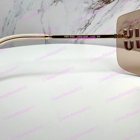 New MIU MIU Aube Sunglasses Gold Light Brown Mirror Bronze Rimless Wrap Womens main image 5